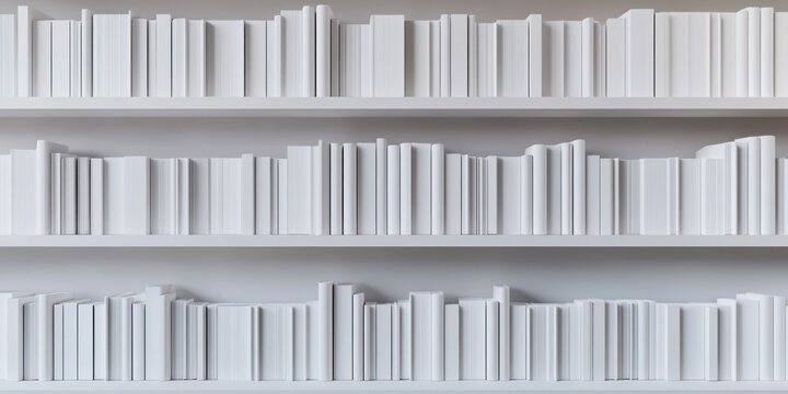 Minimalist white bookshelf design filled with uniformly sized books
