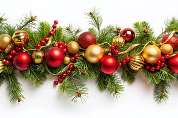 Christmas Garland with Red & Gold Ornaments, Pine, & Ribbons - Festive Holiday Decoration