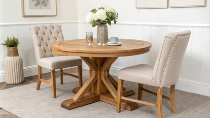A cozy nook highlights a handcrafted dining table featuring rounded edges for a softer aesthetic accompanied by highbacked chairs that offer both style and comfort in a minimalist