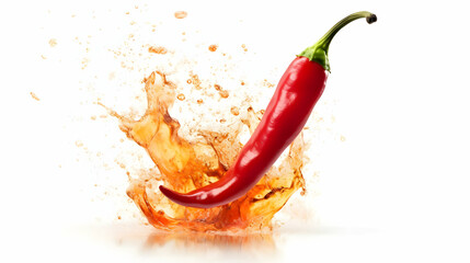 Red Chili Pepper Splashes into Orange Liquid Dynamically on White Background