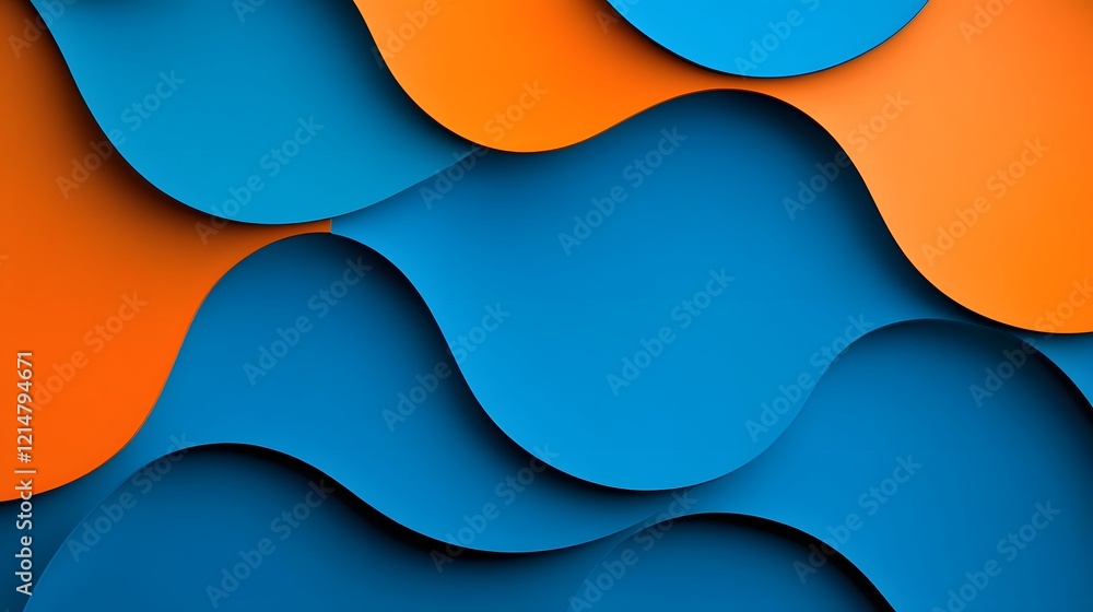 Poster overlapping dynamic shapes in vibrant blue and orange abstract background