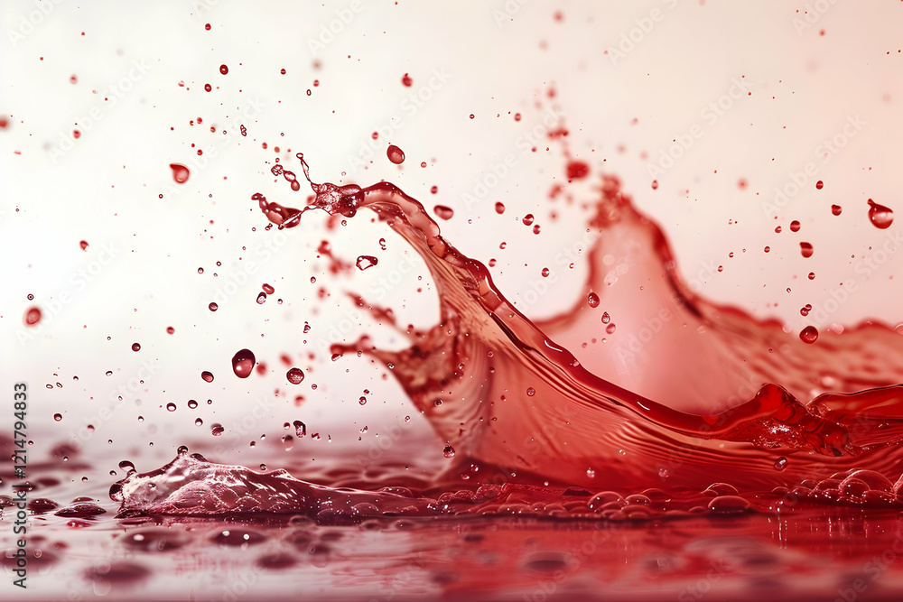 Poster red liquid splashes and droplets dynamically on a surface with energetic motion