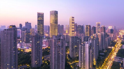 Fototapeta premium Twilight Illumination: Aerial Shot of Urban Skyscrapers Aglow with Vibrant Lights and Neon Signs