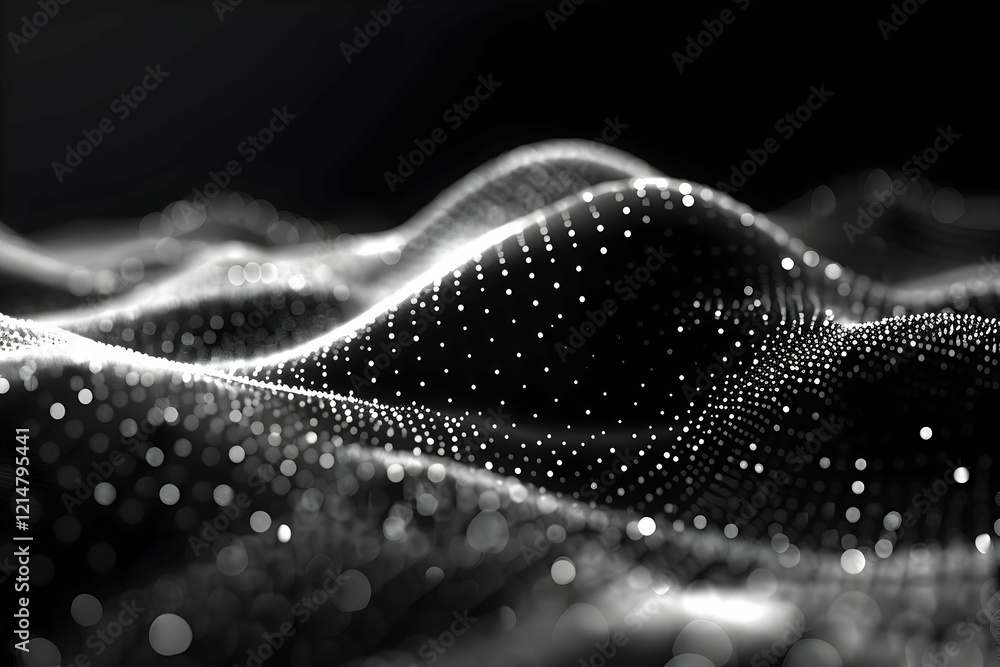 Poster Abstract 3D landscape forms rolling hills with shimmering particles dynamically illuminated.