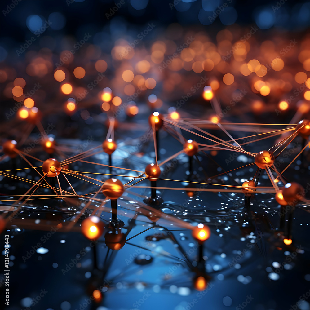 Poster abstract 3d network visualization shows nodes connected with lines on a dark, reflective surface wit