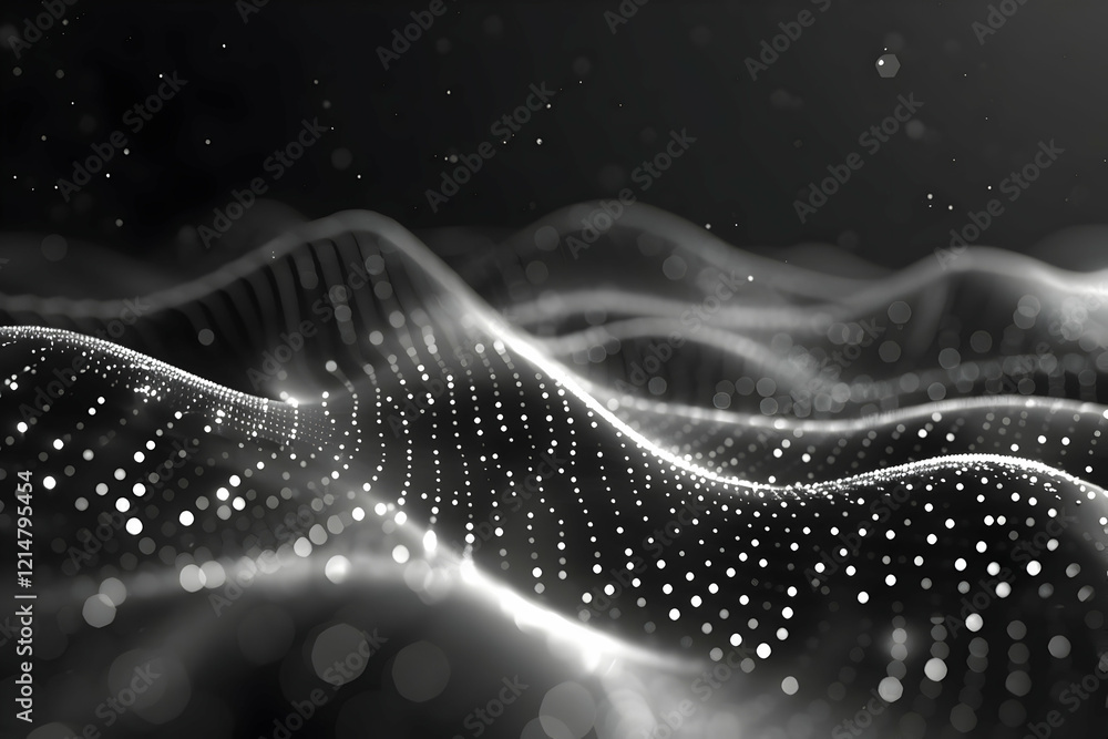 Poster Abstract Black and White Particle Background Forms Dynamic Waves with Soft Focus Bokeh Effect