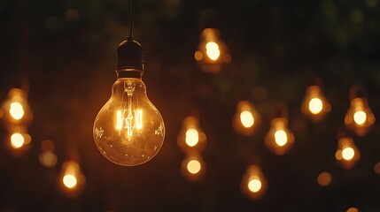 Hanging bulb glowing in soft warm light surrounded by scattered unlit bulbs on a dark background