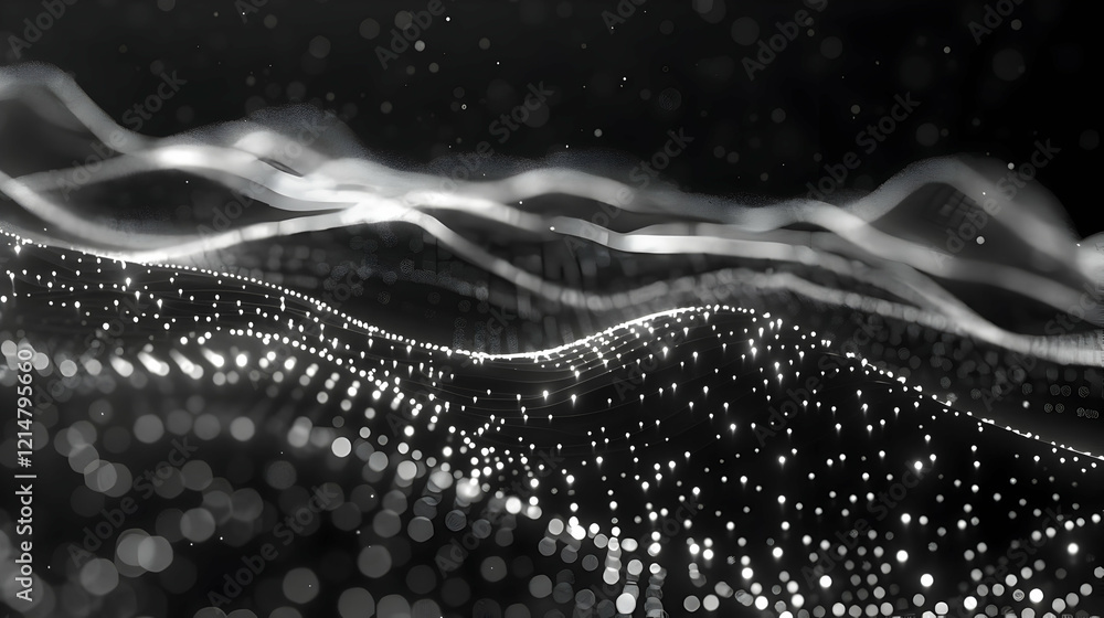 Poster abstract black and white background with wavy lines and particles creates a dynamic visual effect