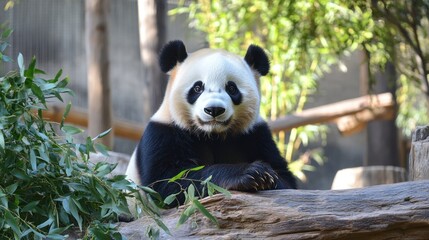 Obraz premium A Curious Giant Panda Leans on a Log