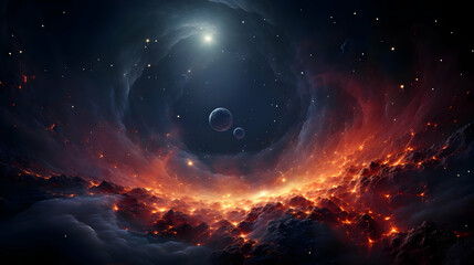 Obraz premium Fiery Nebula Embraces Planets in Cosmic Dance, Illuminating the Vast Expanse of Space Dramatically.