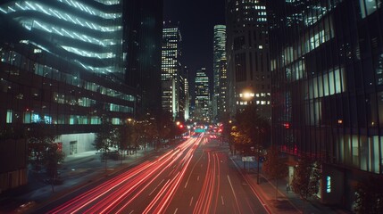 Fototapeta premium Urban Symphony: Dynamic Long-Exposure Traffic Trails Amid Glowing High-Rises in Cinematic Ambiance