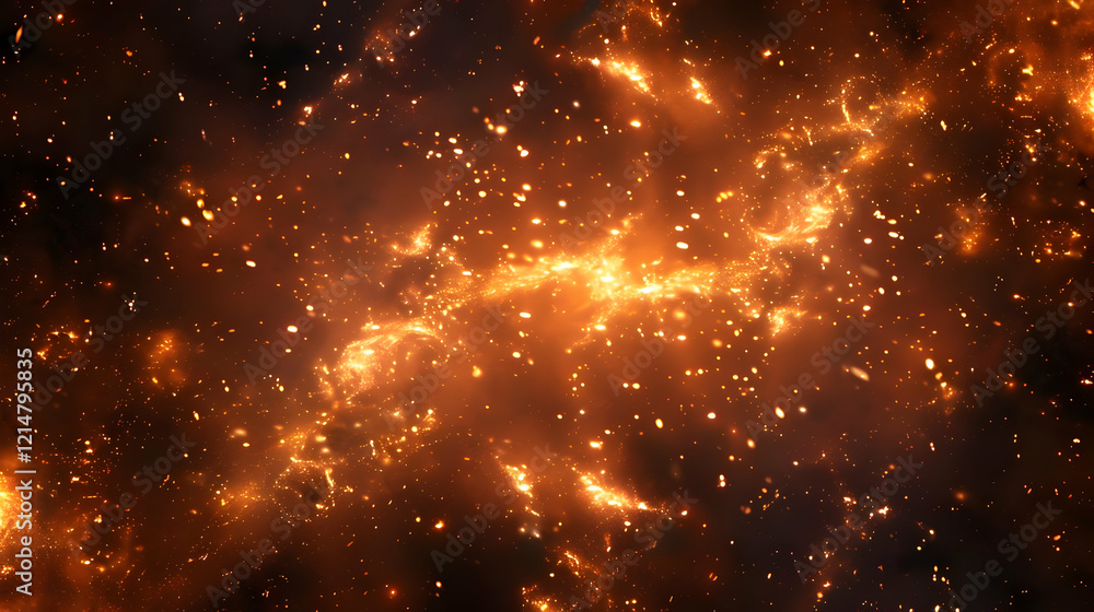 Poster fiery sparks and embers illuminate the dark, creating an abstract background of intense heat and ene