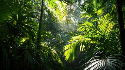 Fototapeta premium A dense green forest with sunlight filtering through the leaves, casting soft shadows