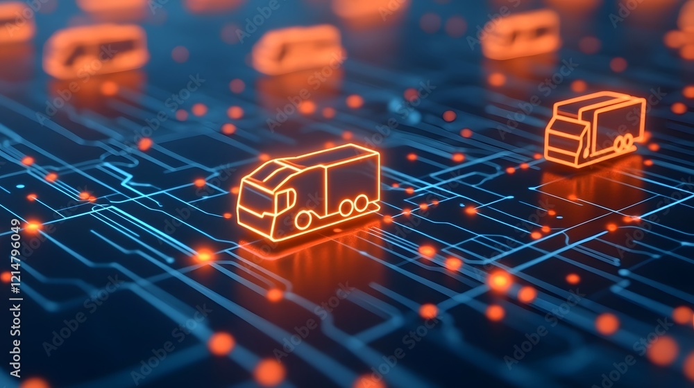 Poster streamlined transportation hub with glowing vehicle icons and interconnected nodes