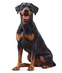 Obraz premium Majestic and Playful Rottweiler Sitting Gracefully with a Joyful Expression Against a White Background, Perfect for Pet Lovers and Dog Enthusiasts Alike