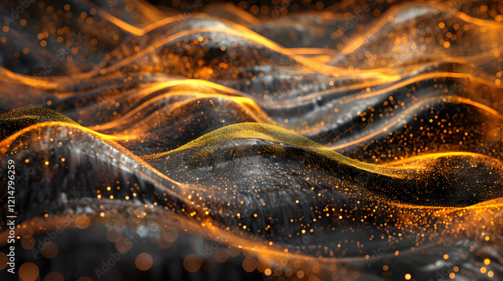 Poster abstract background with wavy surface and glittering particles dynamically flows smoothly.