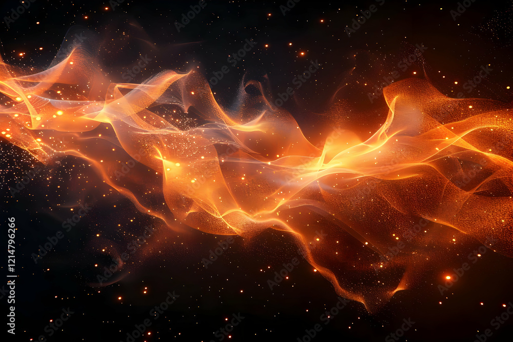 Poster abstract orange waves flow and glow with sparkling particles on a dark background