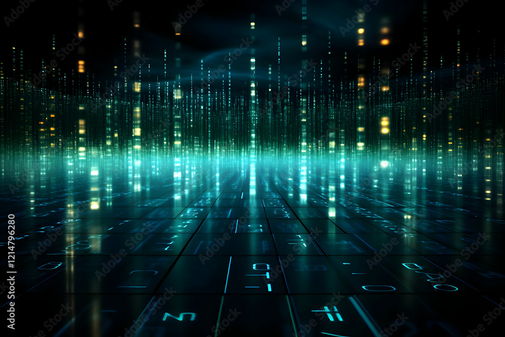 Poster digital rain falls on reflective surface in abstract cyberspace environment