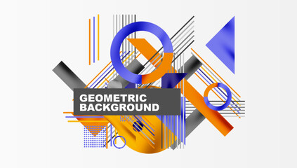 Geometric Abstract Background with Bold Shapes and Contrasting Colors. Circles, triangles, squares and lines with shadow effect