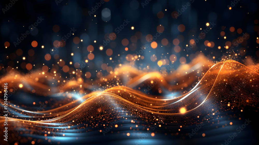 Poster abstract background with glowing orange waves and particles dynamically flowing beautifully