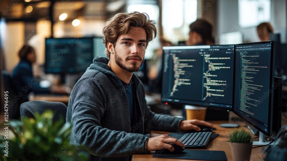 Poster young man works on computer. focused software developer sits at desk in office. intently looking at 