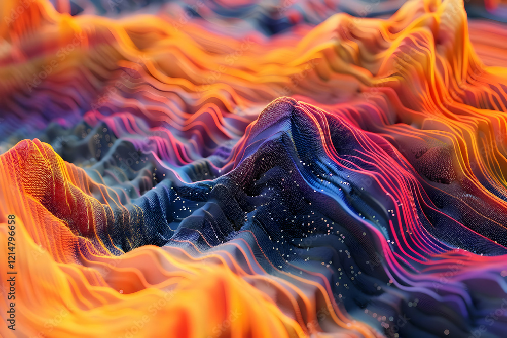 Poster 3d abstract background creates colorful wavy landscape with particles dynamically flowing seamlessly
