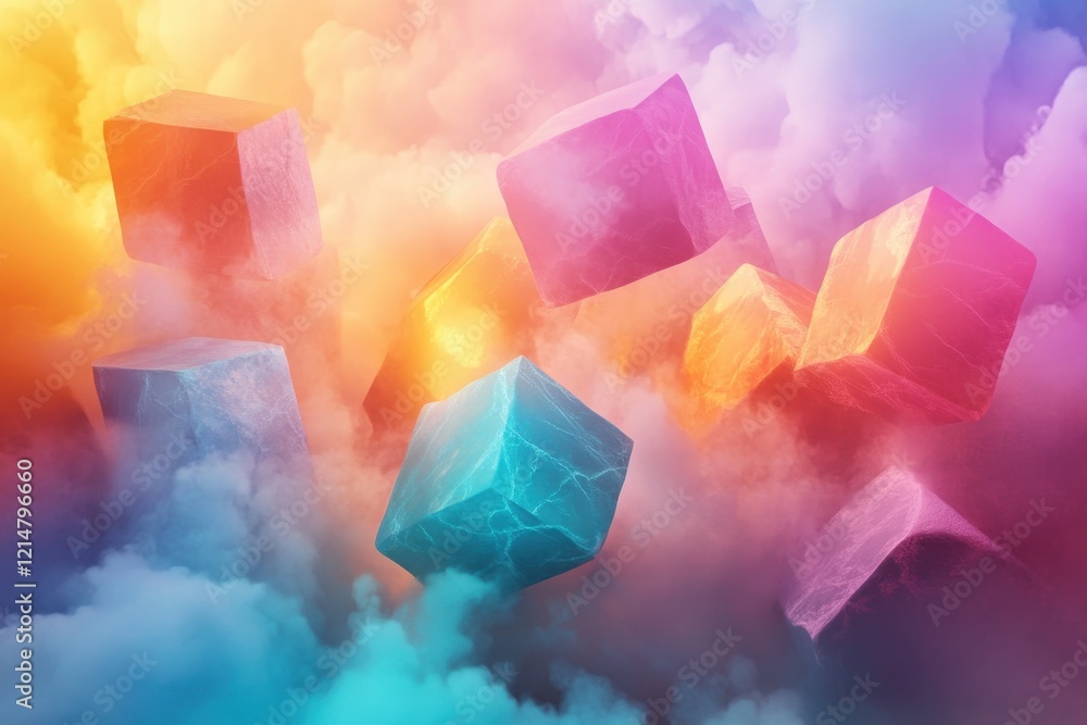 Poster floating colored cubes among vibrant clouds create a dreamlike atmosphere in a surreal setting