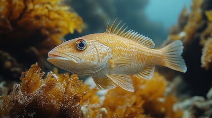 Obraz premium A close-up of a golden fish swimming near coral in clear blue ocean waters
