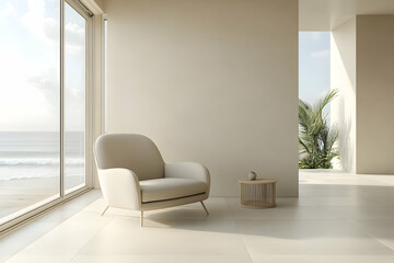 Serene Coastal Living Room: Minimalist Design with Ocean View