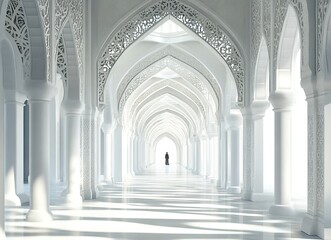Fototapeta premium A long, white corridor with Islamic geometric patterns on the walls, featuring arches and pillars in a perspective view. A person is walking through it, creating an atmosphere of tranquility and spiri