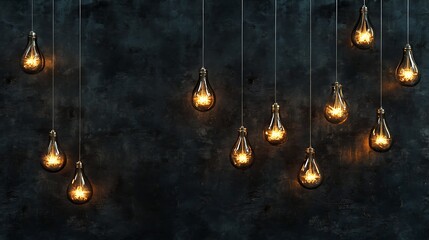 Hanging glowing bulb softly illuminating the nearby unlit bulbs placed on a textured dark surface
