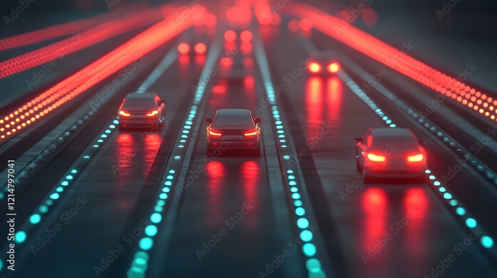 Poster futuristic intelligent traffic flow system with glowing car routes and modern 3d data visualization