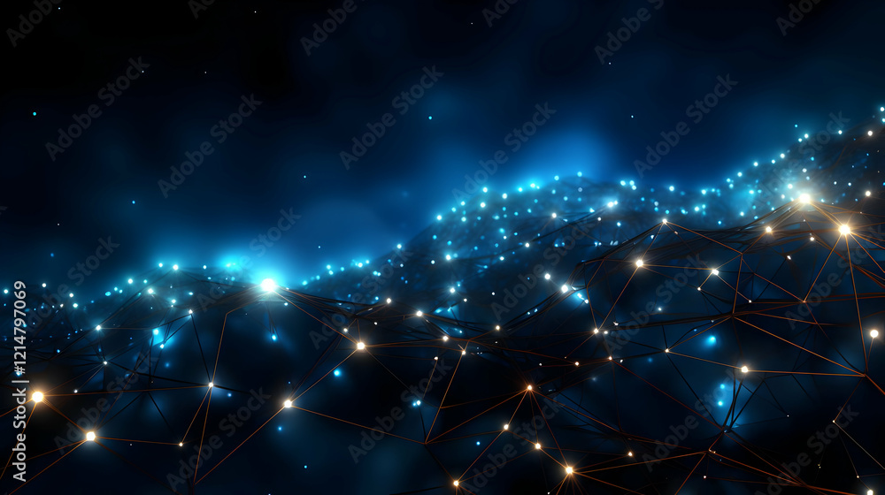 Poster abstract 3d landscape illuminated by glowing network dynamically interconnected abstractly.