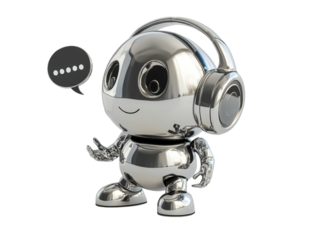Isolated Silver Robot Character with Headphones