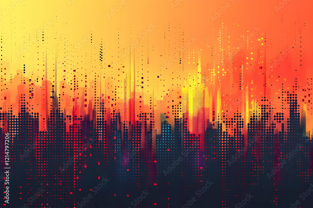 Poster abstract cityscape with colorful pixels creates a dynamic and modern urban background