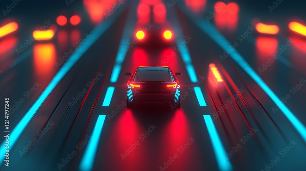 Poster futuristic intelligent traffic flow system with glowing car routes and network visualization