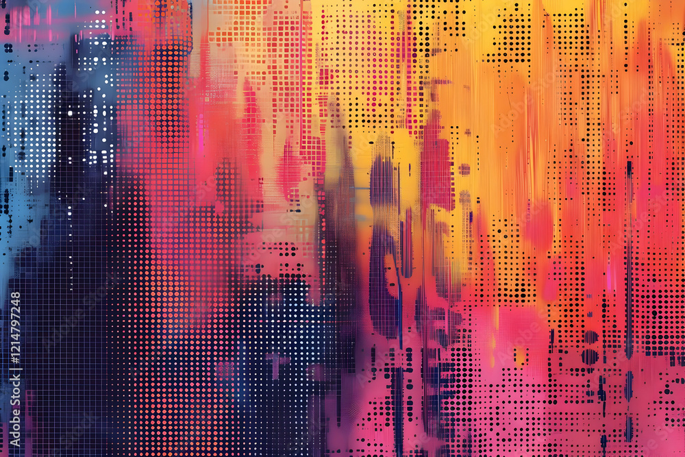 Poster abstract background shows colorful pixels and geometric shapes with digital art style and modern des