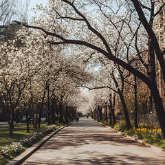 Naklejka premium Cherry blossom avenue in springtime showcasing blooming trees and a peaceful walking path in a city park