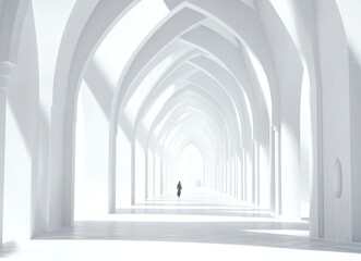 Fototapeta premium A long, white corridor with Islamic geometric patterns on the walls, featuring arches and pillars in a perspective view. A person is walking through it, creating an atmosphere of tranquility and spiri