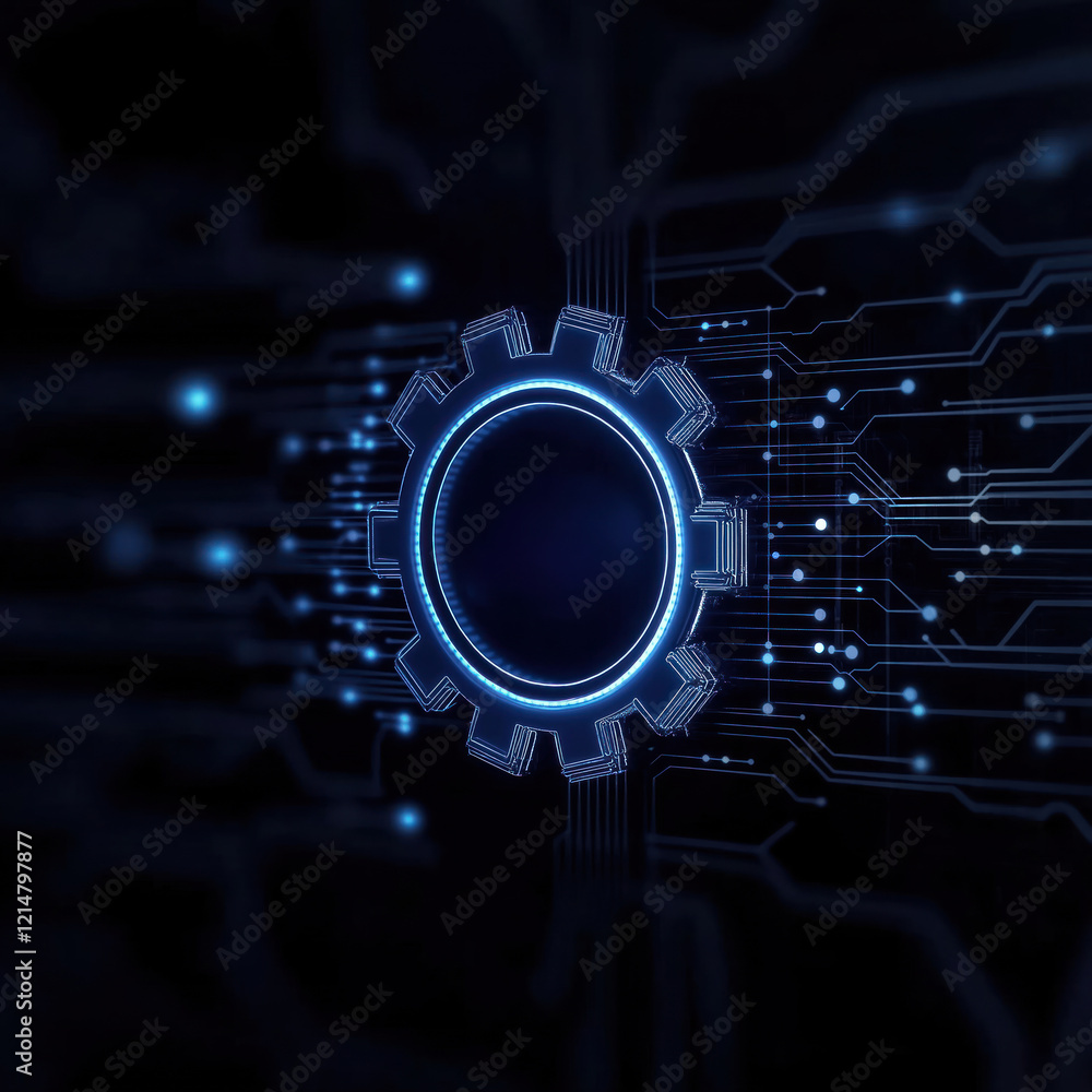 Poster futuristic glowing blue gear symbol on complex circuit board. tech interface design with digital net