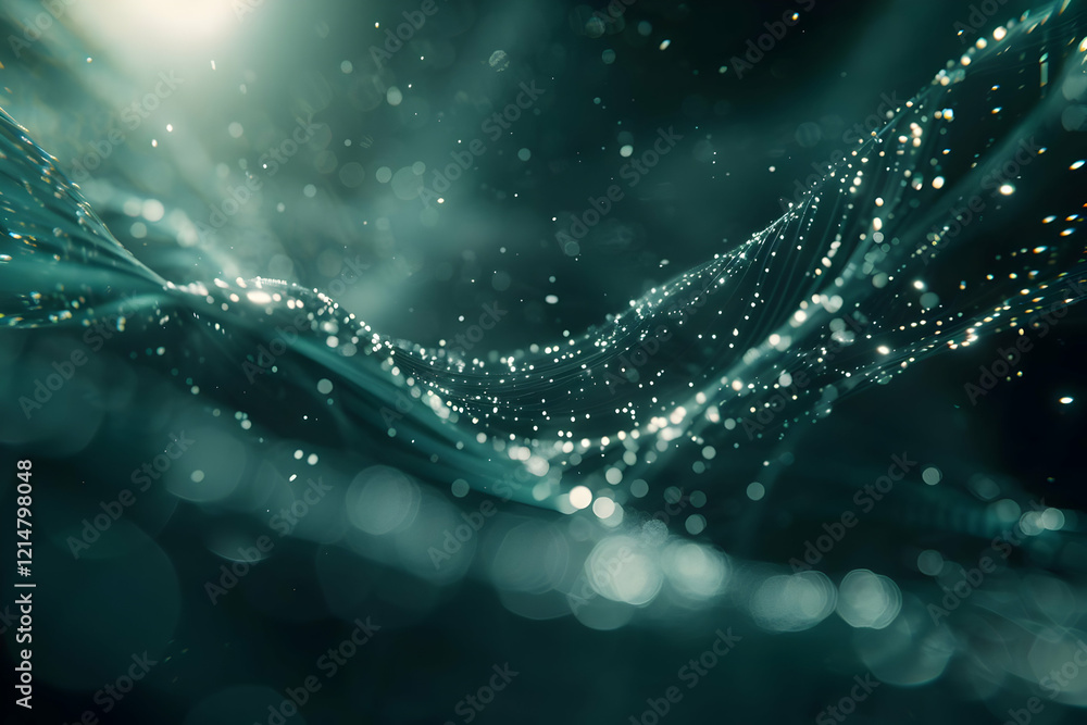 Poster abstract teal green wavy background with sparkling particles and bokeh effect creates a dreamy atmos