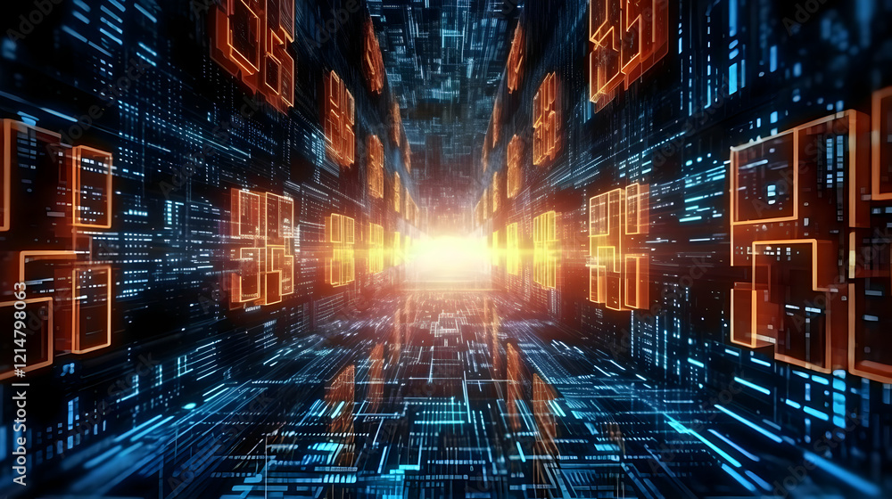 Poster Abstract 3D Digital Corridor Shows Flowing Data with Glowing Orange Blocks and Blue Streaks Representing Fast Information Transfer.