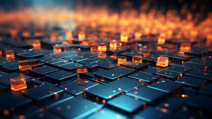 Obraz premium Abstract 3D Cubes Glow Orange with Dark Blue Background and Orange Light Particles