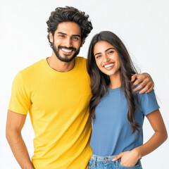 young indian couple standing on white background