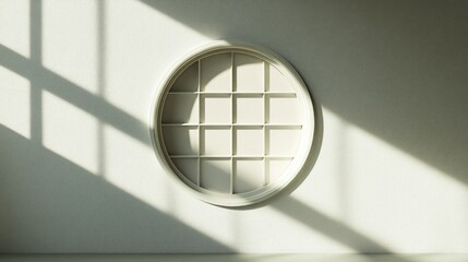 A round window with a simple visor, casting soft shadows on a light wall as morning sunlight pours through