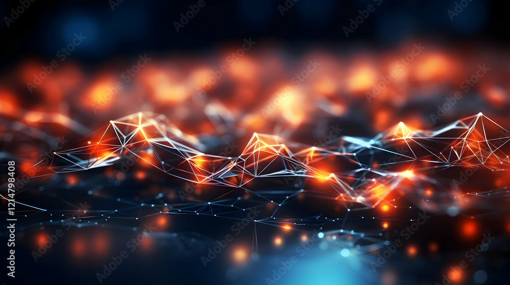 Aufkleber abstract 3d render of glowing geometric network on dark background with soft focus bokeh effect