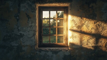Obraz premium A rustic window with a wooden visor, creating elongated shadows across the cracked wall of an old farmhouse