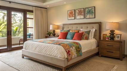 A comfortable oversized bed adorned with an eclectic mix of colorful throw pillows and a light duvet serves as a central focal point encouraging relaxation and a sense of tranquil