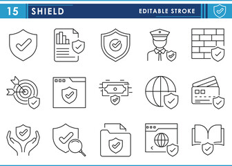 A set of line icons related to Shield. Protect, safety, defend, goal, finance, web, firewall, internet, payment, books, and so on. Vector editable stroke.