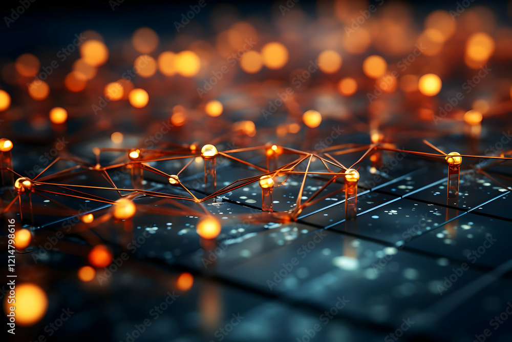 Poster abstract network nodes connected by lines with glowing orange lights on dark background